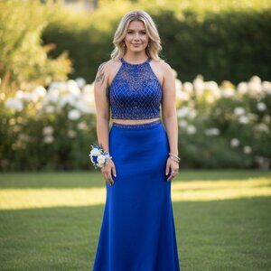 Royal Blue Beaded sz 12 Formal Crop top Maxi Dress by Splash w/protective bag